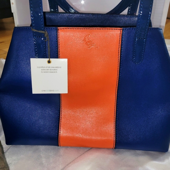 ONEODDBIRD The Lorikeet Saffiano Leather Handbag Navy/Orange, BENEFITS AUTISM - Picture 1 of 9
